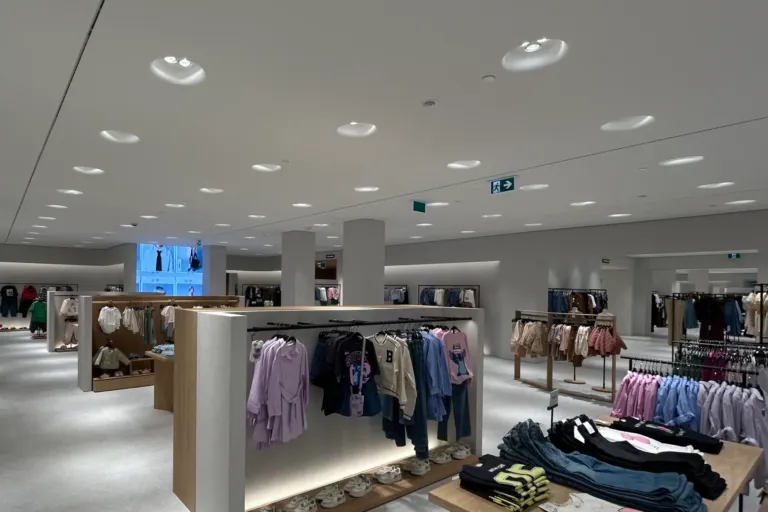 Commercial electrical and lighting installation at Zara in Square One, completed by Pro Force Electric. Modern ceiling spotlights and retail lighting create a bright, welcoming shopping environment.